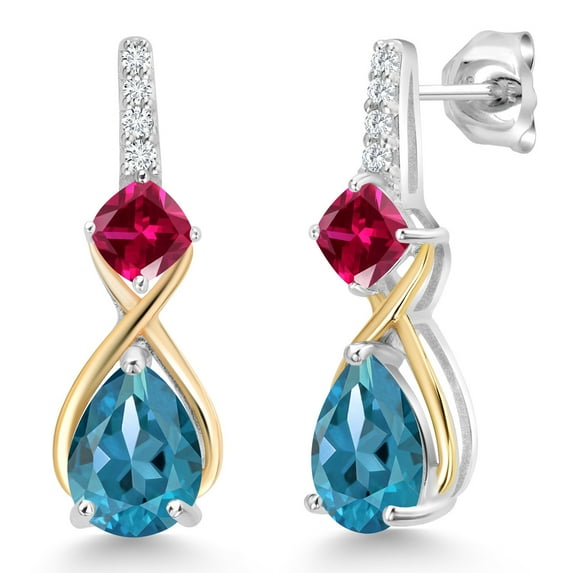 Gem Stone King 925 Sterling Silver and 10K Yellow Gold Pear Shape London Blue Topaz Red Created Ruby and White Lab Grown Diamond Dangle Earrings for Women (3.63 Cttw, Pear Shape 8X6MM)