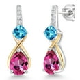 thumbnail image 1 of Gem Stone King 925 Sterling Silver and 10K Yellow Gold Pear Shape Pure Pink Mystic Topaz Swiss Blue Topaz and White Lab Grown Diamond Dangle Earrings for Women (3.52 Cttw, Pear Shape 8X6MM), 1 of 4