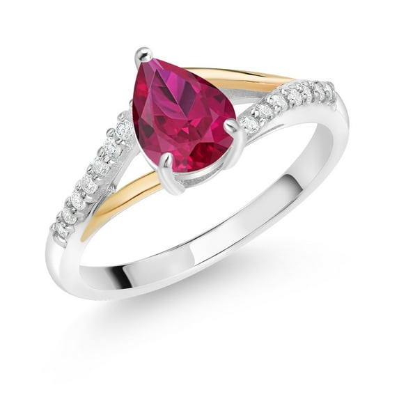 Gem Stone King 925 Sterling Silver and 10K Yellow Gold Pear Shape Red Created Ruby and White E-F Lab Grown Diamond Women Ring (1.36 Cttw, Available in Size 5, 6, 7, 8, 9)