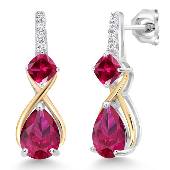 Gem Stone King 925 Sterling Silver and 10K Yellow Gold Pear Shape Red Created Ruby and White Lab Grown Diamond Dangle Earrings for Women (3.29 Cttw, Pear Shape 8X6MM)