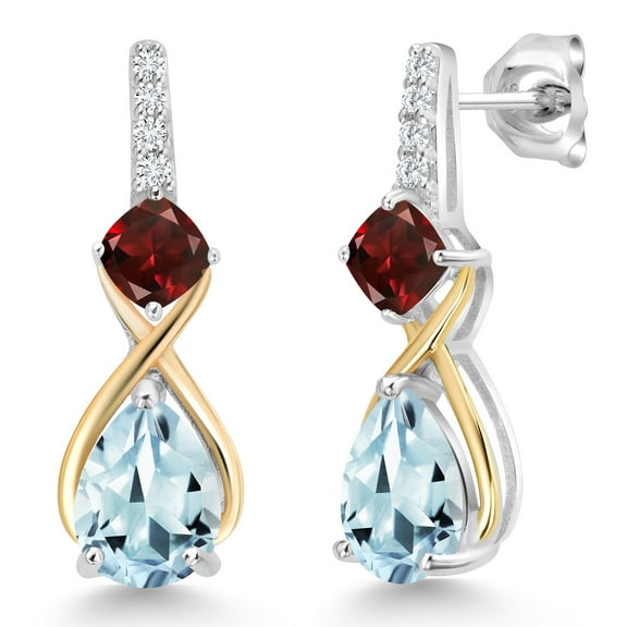 Gem Stone King 925 Sterling Silver and 10K Yellow Gold Pear Shape Sky Blue Aquamarine Red Garnet and White Lab Grown Diamond Dangle Earrings for Women (2.72 Cttw, Pear Shape 8X6MM)