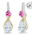 thumbnail image 1 of Gem Stone King 925 Sterling Silver and 10K Yellow Gold Pear Shape White Moissanite Pink Created Sapphire and White Lab Grown Diamond Dangle Earrings for Women (3.05 Cttw, Pear Shape 8X6MM), 1 of 4