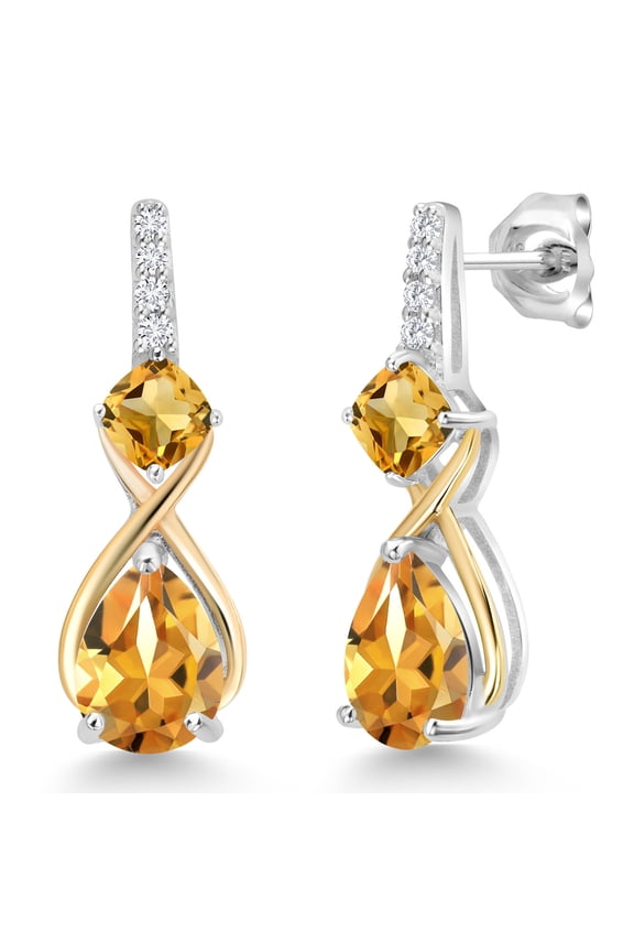 925 Sterling Silver and 10K Yellow Gold Pear Shape Yellow Citrine and White Lab Grown Diamond Dangle Earrings for Women (2.89 Cttw, Pear Shape 8X6MM)