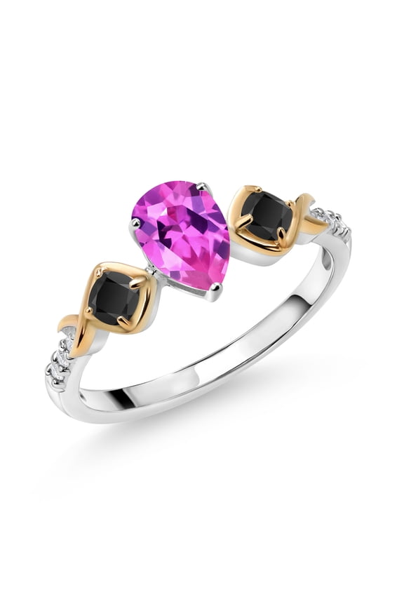 925 Sterling Silver and 10K Yellow Gold Pink Created Sapphire and Black Onyx Women Ring (1.31 Cttw, Gemstone Birthstone, Size 9)