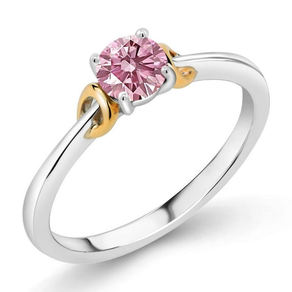 Gem Stone King 925 Sterling Silver and 10K Yellow Gold Pink Lab Grown Diamond Solitaire Engagement Ring for Women (0.50 Cttw, Round 5MM, Gemstone April Birthstone, Size 9)