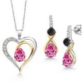 thumbnail image 1 of Gem Stone King 925 Sterling Silver and 10K Yellow Gold Pink Moissanite Black Onyx and White Lab Grown Diamond Pendant Necklace Earrings Set for Women (3.99 Cttw, with 18 inch Chain), 1 of 3