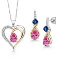 thumbnail image 1 of Gem Stone King 925 Sterling Silver and 10K Yellow Gold Pink Moissanite Blue Created Sapphire and White Lab Grown Diamond Pendant Necklace Earrings Set for Women (4.12 Cttw, with 18 inch Chain), 1 of 3