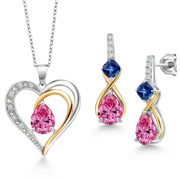 Gem Stone King 925 Sterling Silver and 10K Yellow Gold Pink Moissanite Blue Created Sapphire and White Lab Grown Diamond Pendant Necklace Earrings Set for Women (4.12 Cttw, with 18 inch Chain)