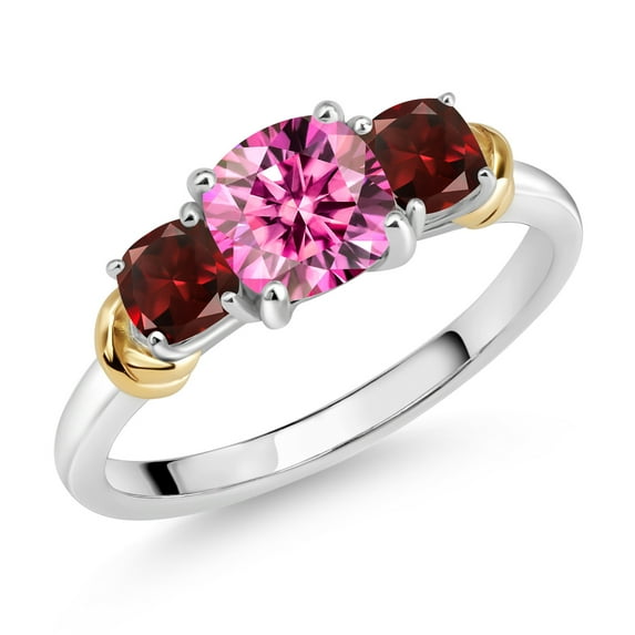 Gem Stone King 925 Sterling Silver and 10K Yellow Gold Pink Moissanite and Red Garnet 3 Stone Engagement Ring for Women (1.85 Cttw, Cushion Cut 6MM and 4MM, Available in Size 5, 6, 7, 8, 9)