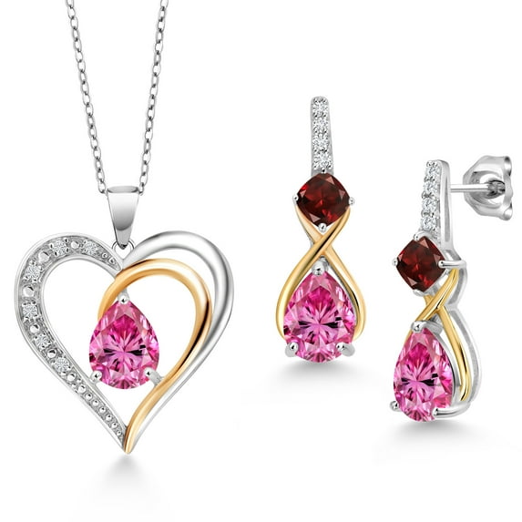 Gem Stone King 925 Sterling Silver and 10K Yellow Gold Pink Moissanite Red Garnet and White Lab Grown Diamond Pendant Necklace Earrings Set for Women (4.28 Cttw, with 18 inch Chain)