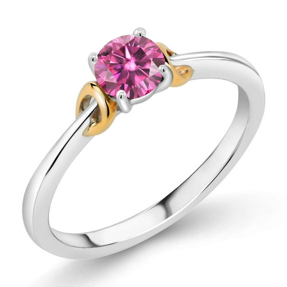 Gem Stone King 925 Sterling Silver and 10K Yellow Gold Pink Moissanite Solitaire Engagement Ring for Women (0.50 Cttw, Round 5MM, Gemstone Birthstone, Size 5)