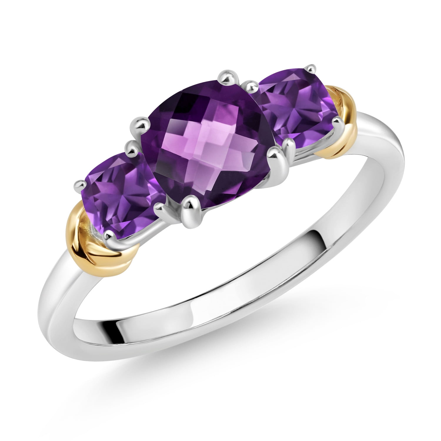 Gem Stone King 925 Sterling Silver and 10K Yellow Gold Purple Amethyst 3 Stone Engagement Ring for Women (1.28 Cttw, Cushion Checkerboard Cut 6MM and 4MM, Available in Size 5, 6, 7, 8, 9)