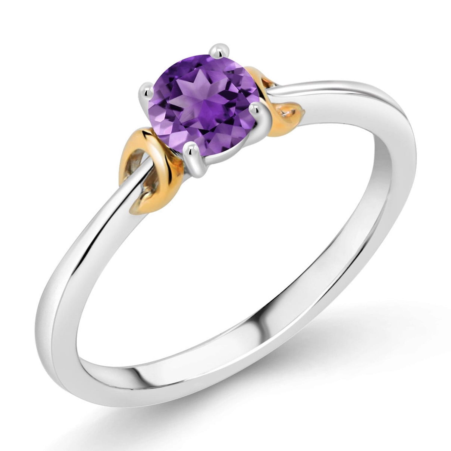 Gem Stone King 925 Sterling Silver and 10K Yellow Gold Purple Amethyst Solitaire Engagement Ring for Women (0.48 Cttw, Round 5MM, Gemstone February Birthstone, Size 6)
