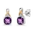 thumbnail image 1 of Gem Stone King 925 Sterling Silver and 10K Yellow Gold Purple Amethyst and White Lab Grown Diamond Earrings for Women (1.41 Cttw, Gemstone February Birthstone, Cushion Checkerboard 6MM), 1 of 6