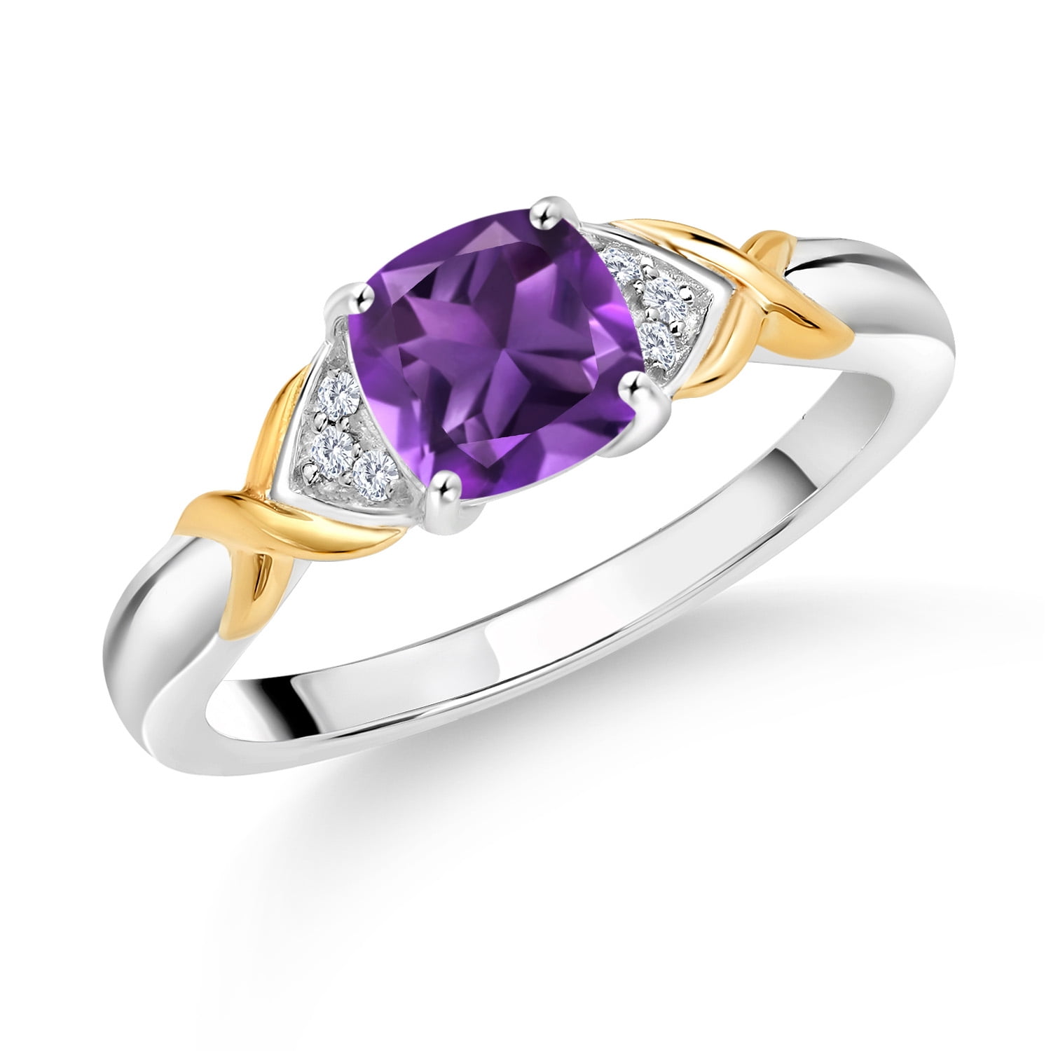 Gem Stone King 925 Sterling Silver and 10K Yellow Gold Purple Amethyst and White Lab Grown Diamond Engagement Ring for Women (1.00 Cttw, Cushion 6MM, Available in Size 5, 6, 7, 8, 9)