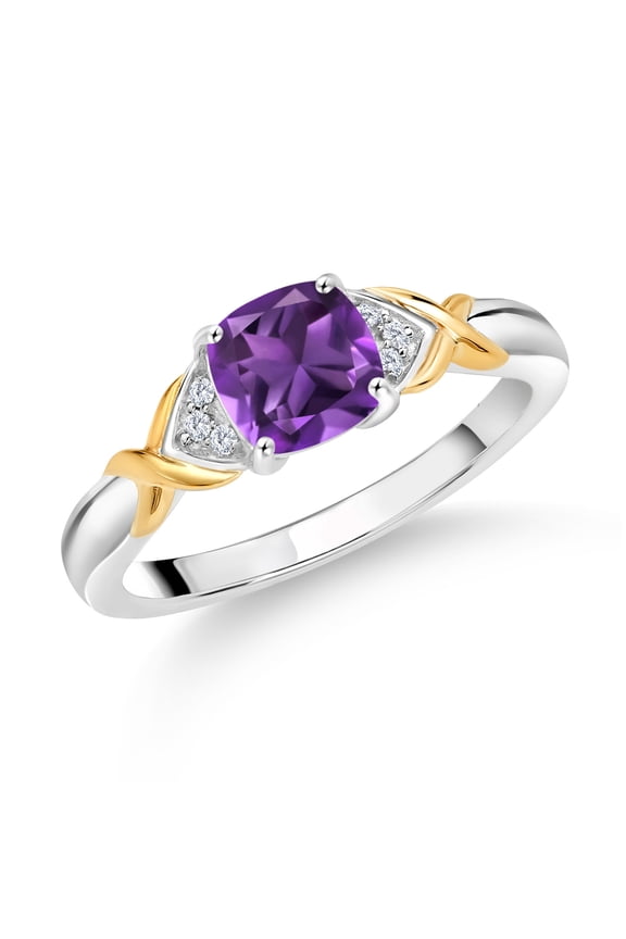 925 Sterling Silver and 10K Yellow Gold Purple Amethyst and White Lab Grown Diamond Engagement Ring for Women (1.00 Cttw, Cushion 6MM, Available in Size 5, 6, 7, 8, 9)