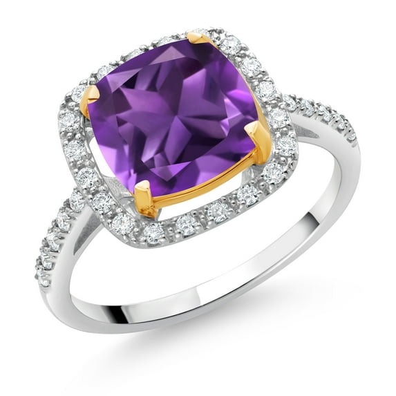 Gem Stone King 925 Sterling Silver and 10K Yellow Gold Purple Amethyst and White Lab Grown Diamond Engagement Ring for Women (2.31 Cttw, Cushion Cut 8MM, Available in Size 5, 6, 7, 8, 9)