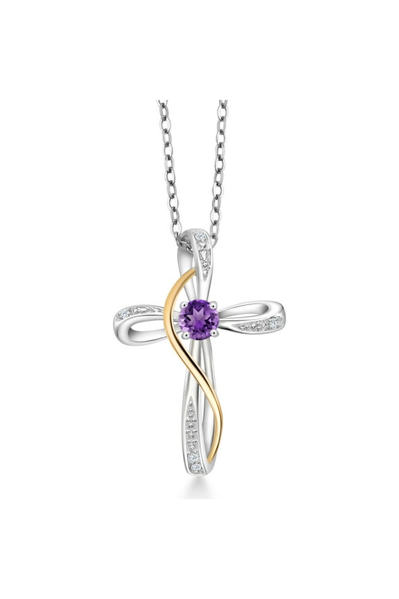 925 Sterling Silver and 10K Yellow Gold Purple Amethyst and White Lab Grown Diamond Infinity Cross Pendant Necklace for Women (0.28 Cttw, Gemstone Birthstone, with 18-inch Chain)