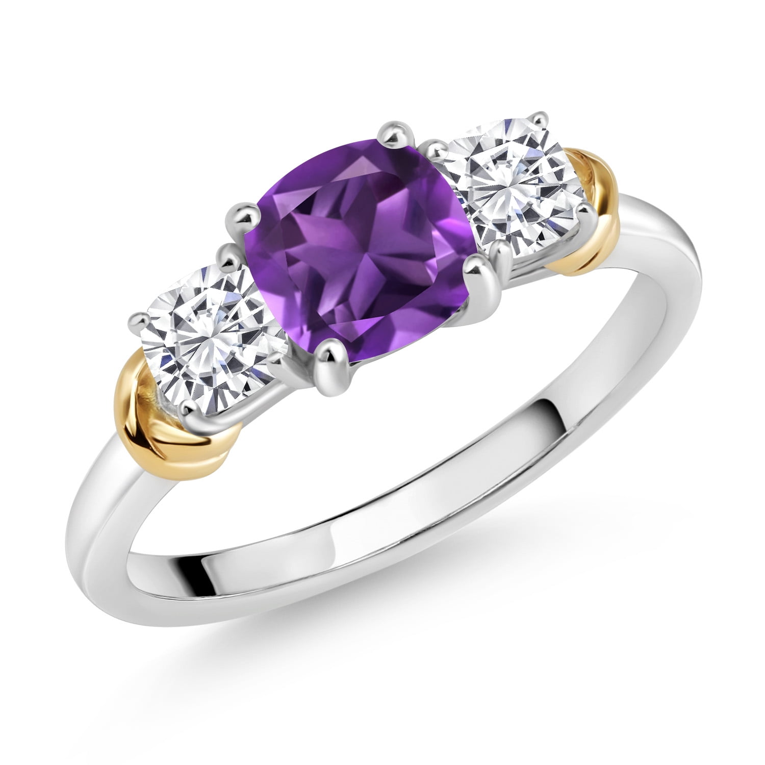 Gem Stone King 925 Sterling Silver and 10K Yellow Gold Purple Amethyst and White Moissanite 3 Stone Engagement Ring for Women (1.61 Cttw, Cushion Cut 6MM and 4MM, Available in Size 5, 6, 7, 8, 9)