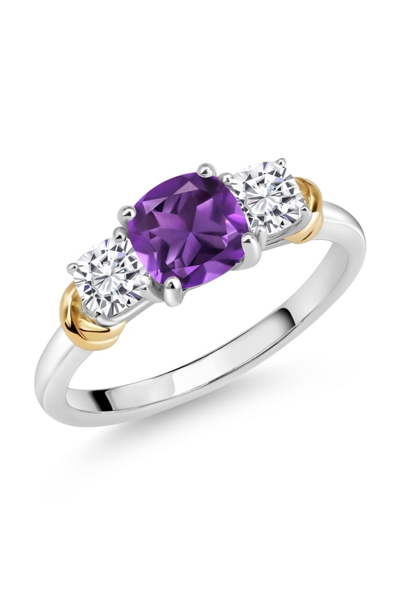 925 Sterling Silver and 10K Yellow Gold Purple Amethyst and White Moissanite 3 Stone Engagement Ring for Women (1.61 Cttw, Cushion Cut 6MM and 4MM, Available in Size 5, 6, 7, 8, 9)