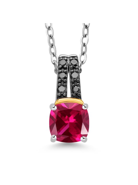 925 Sterling Silver and 10K Yellow Gold Red Created Ruby and Black Diamond Pendant Necklace for Women (1.07 Cttw, Gemstone July Birthstone, Cushion 6MM, with 18 inch Chain)