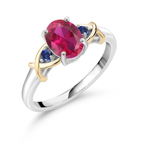 Gem Stone King 925 Sterling Silver and 10K Yellow Gold Red Created Ruby and Blue Created Sapphire Women Ring (1.44 Cttw, Size 8)