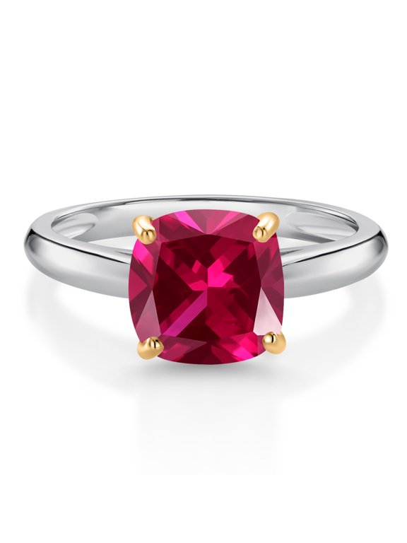 925 Sterling Silver and 10K Yellow Gold Red Created Ruby Solitaire Engagement Ring for Women (2.50 Cttw, Cushion 8MM, Gemstone July Birthstone, Size 5)