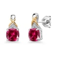 thumbnail image 1 of Gem Stone King 925 Sterling Silver and 10K Yellow Gold Red Created Ruby and White Lab Grown Diamond Earrings for Women (2.01 Cttw, Gemstone July Birthstone, Cushion 6MM), 1 of 6