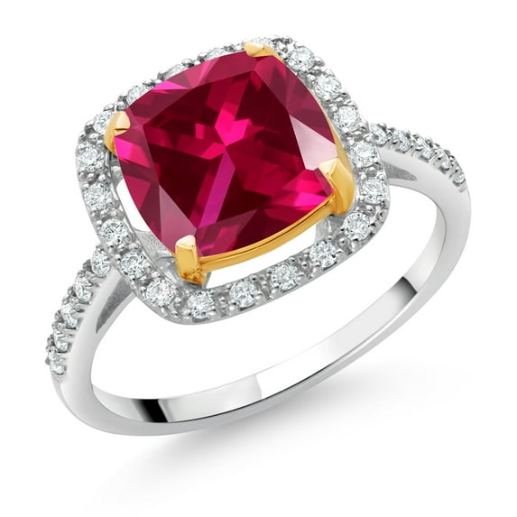 Gem Stone King 925 Sterling Silver and 10K Yellow Gold Red Created Ruby and White Lab Grown Diamond Engagement Ring for Women (2.71 Cttw, Cushion Cut 8MM, Available in Size 5, 6, 7, 8, 9)