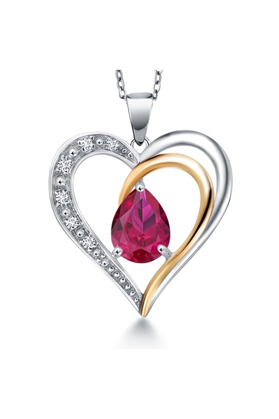 925 Sterling Silver and 10K Yellow Gold Red Created Ruby and White Lab Grown Diamond Pendant Necklace for Women By Keren Hanan (1.28 Cttw, with 18 inch Chain)