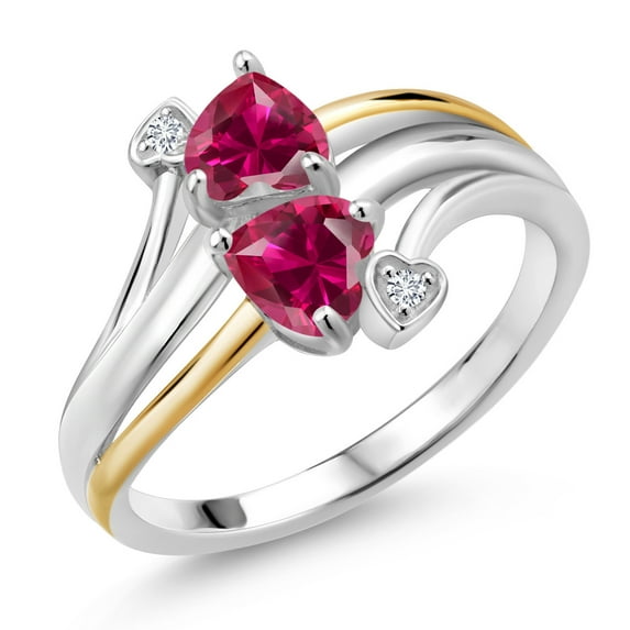 Gem Stone King 925 Sterling Silver and 10K Yellow Gold Red Created Ruby and White Lab Grown Diamond Ring for Women (1.22 Cttw, Heart Shape 5MM, Size 5)