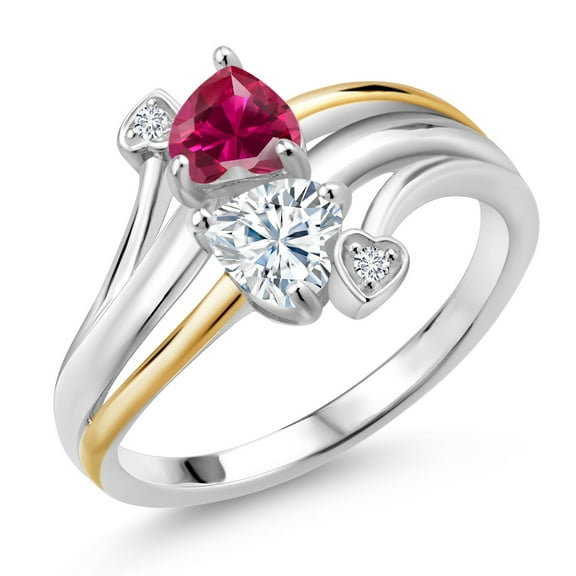Gem Stone King 925 Sterling Silver and 10K Yellow Gold Red Created Ruby White Moissanite and Lab Grown Diamond 2 Heart Promise Couple Engagement Mother Ring 1.04 Cttw (Size 9)