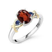 Gem Stone King 925 Sterling Silver and 10K Yellow Gold Red Garnet Blue Created Sapphire Ring For Women (1.59 Cttw, Gemstone Birthstone, Available In Size 5, 6, 7, 8, 9)