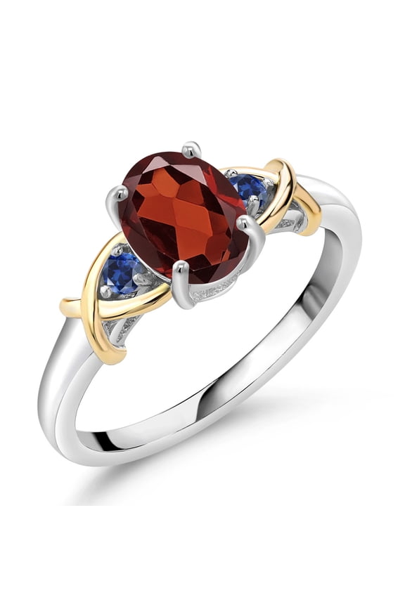 1.59 Cttw Red Garnet Blue Created Sapphire Ring for Women | 925 Sterling Silver and 10K Yellow Gold | Gemstone Birthstone | Wedding Engagement Anniversary Promise Ring | Size 9