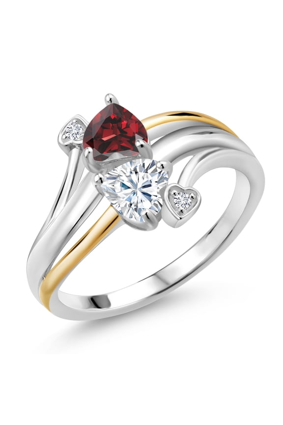 925 Sterling Silver and 10K Yellow Gold Red Garnet Moissanite and Lab Grown Diamond 2 Heart Promise Couple Mother Ring (1.12 Cttw, Size 7)