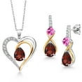 thumbnail image 1 of Gem Stone King 925 Sterling Silver and 10K Yellow Gold Red Garnet Pink Created Sapphire and White Lab Grown Diamond Pendant Necklace Earrings Set for Women (4.69 Cttw, with 18 inch Chain), 1 of 3