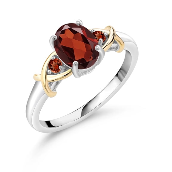 Gem Stone King 1.60 Cttw Red Garnet 3-Stone Ring for Women | 925 Silver and 10K Yellow Gold | Oval 8X6MM | Gemstone Birthstone | Three Stone Wedding Engagement Anniversary Ring for Women | Size 9