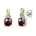 thumbnail image 1 of Gem Stone King 925 Sterling Silver and 10K Yellow Gold Red Garnet and White Lab Grown Diamond Earrings for Women (1.91 Cttw, Gemstone January Birthstone, Cushion Checkerboard 6MM), 1 of 6
