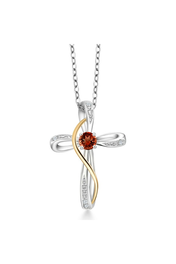 925 Sterling Silver and 10K Yellow Gold Red Garnet and White Lab Grown Diamond Infinity Cross Pendant Necklace (0.40 Cttw, Gemstone Birthstone, with 18 inch Chain)