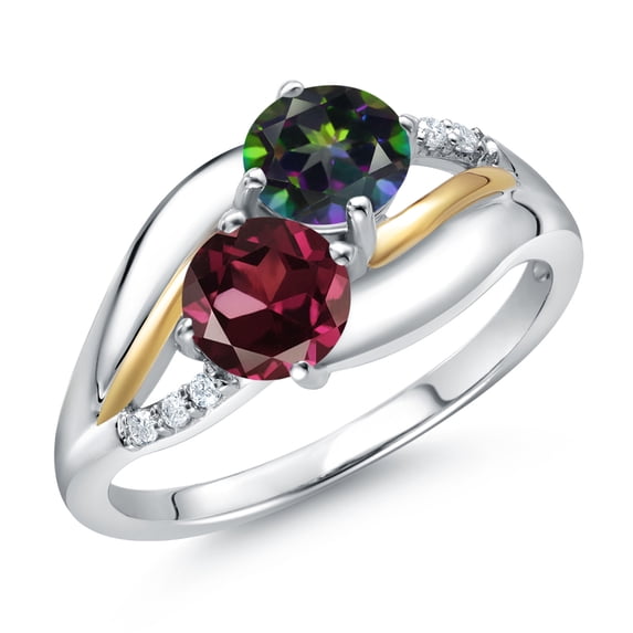 925 Sterling Silver and 10K Yellow Gold Red Rhodolite Garnet Green Mystic Topaz and Lab Grown Diamond 2 Stone Engagement Ring for Women (1.19 Cttw, Round 5MM, January Birthstone, Size 6)