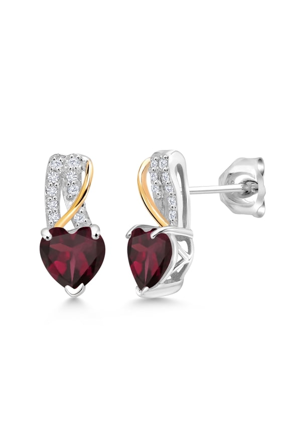 925 Sterling Silver and 10K Yellow Gold Red Rhodolite Garnet and White Lab Grown Diamond Heart Shape Earrings for Women (1.53 Cttw, Gemstone January Birthstone, Heart Shape 6MM)