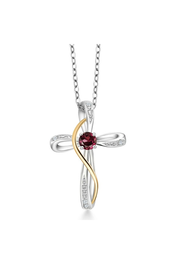 925 Sterling Silver and 10K Yellow Gold Red Rhodolite Garnet and White Lab Grown Diamond Infinity Cross Pendant Necklace for Women (0.40 Cttw, with 18 inch Chain)
