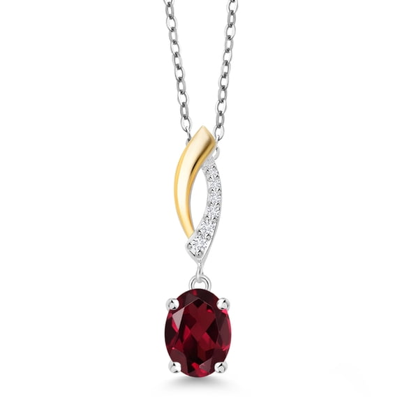 Gem Stone King 925 Sterling Silver and 10K Yellow Gold Red Rhodolite Garnet and White Lab Grown Diamond Pendant Necklace for Women (1.40 Cttw, Gemstone January Birthstone, with 18 inch Silver Chain)
