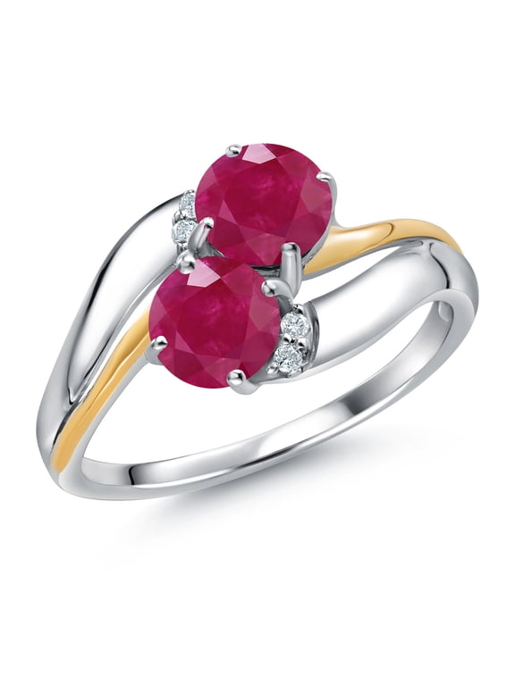 925 Sterling Silver and 10K Yellow Gold Red Ruby 5MM Round 2 Stone and White Lab Grown Diamond Accent Ring for Women (1.13 Cttw, Gemstone July Birthstone, Size 9)