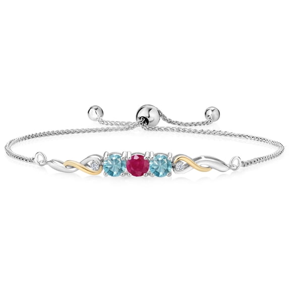 Gem Stone King 925 Sterling Silver and 10K Yellow Gold Red Ruby Blue Zircon and White Lab Grown Diamond Tennis Bracelet for Women (2.27 Cttw, Gemstone July Birthstone, Fully Adjustable up to 9 inch)