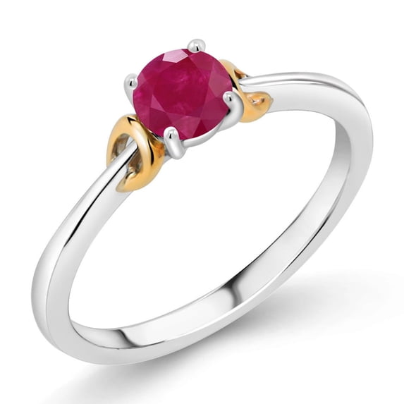 Gem Stone King 925 Sterling Silver and 10K Yellow Gold Red Ruby Solitaire Engagement Ring for Women (0.55 Cttw, Round 5MM, Gemstone July Birthstone, Size 7)