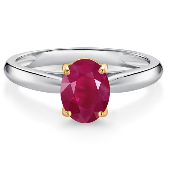 Gem Stone King 925 Sterling Silver and 10K Yellow Gold Red Ruby Solitaire Engagement Ring for Women (1.60 Cttw, Oval 8X6MM, Gemstone July Birthstone, Available in Size 5, 6, 7, 8, 9)