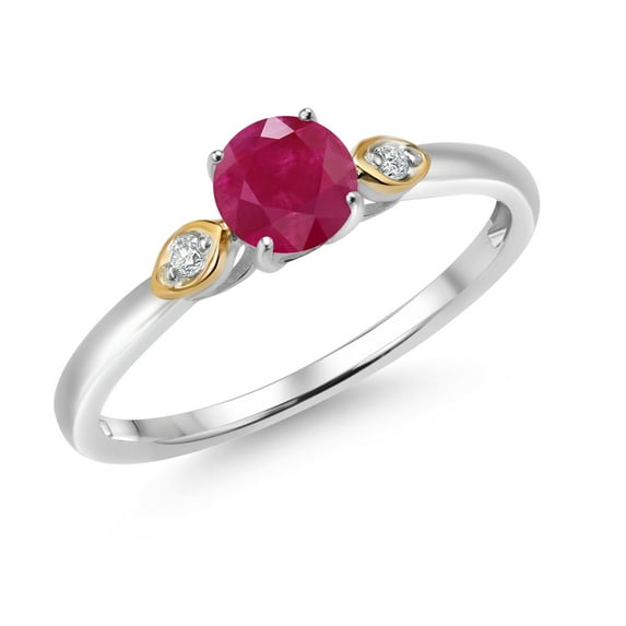 Gem Stone King 925 Sterling Silver and 10K Yellow Gold Red Ruby and White Lab Grown Diamond 3 Stone Engagement Ring for Women (0.58 Cttw, Round Gemstone July Birthstone, Size 5)