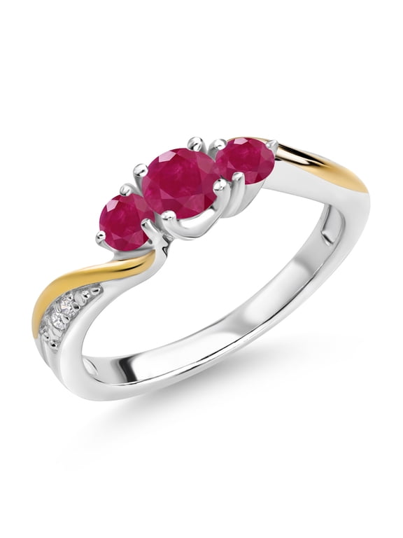 925 Sterling Silver and 10K Yellow Gold Red Ruby and White Lab Grown Diamond 3 Stone Engagement Ring for Women (0.69 Cttw, Gemstone July Birthstone, Size 8)