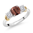 thumbnail image 1 of Gem Stone King 925 Sterling Silver and 10K Yellow Gold Red Tiger Eye and White Moissanite 3 Stone Engagement Ring for Women (1.64 Cttw, Cushion Cut 6MM and 4MM, Available in Size 5, 6, 7, 8, 9), 1 of 4